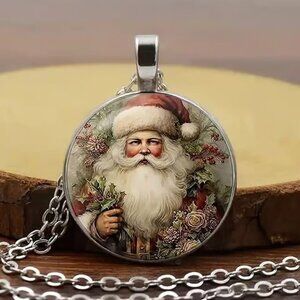 Silver Christmas SANTA CLAUS Glass Cabochon Pendant Necklace
